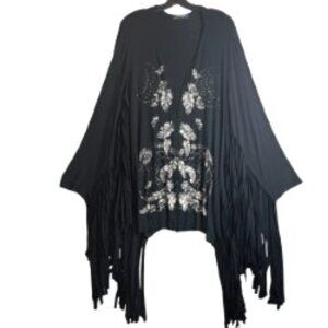 VOICE OF CALIFORNIA BLACK FRINGE KIMONO CARDIGAN DREAMCATCHER/FEATHER XL USA